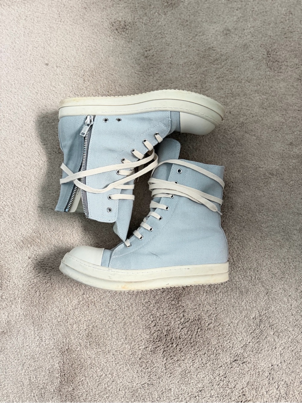 Rick Owens Light Blue High-Top Canvas Boots with Cream Accents